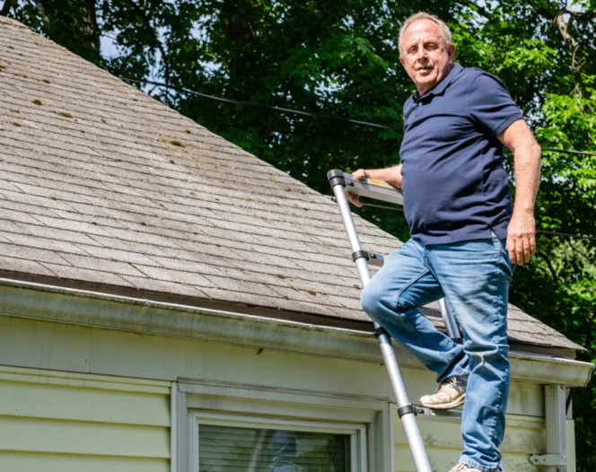 man inspecting roof while on a ladder